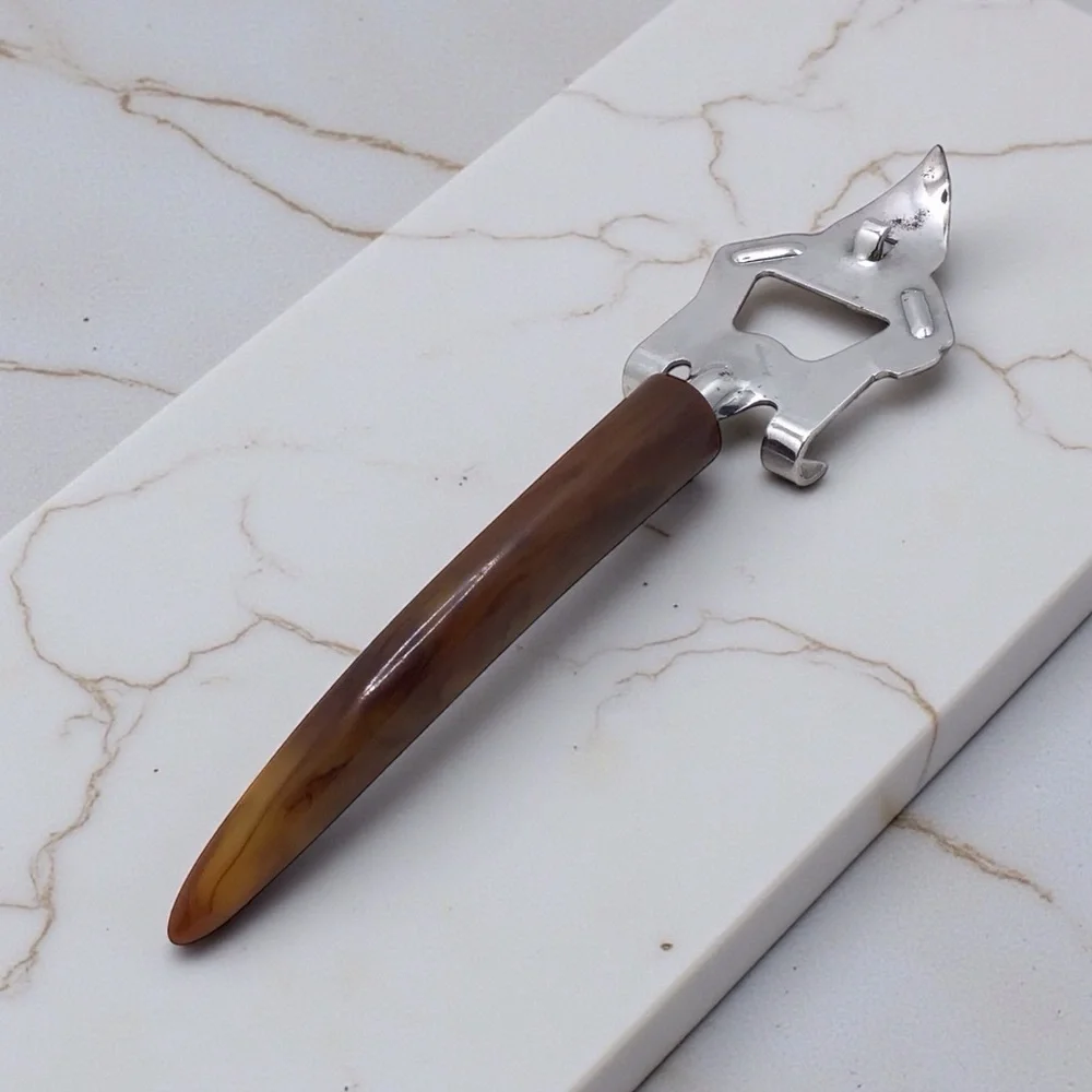 Vintage Mid Century Bakelite Bottle Can Opener Brown Swirled Handle Barware Tool